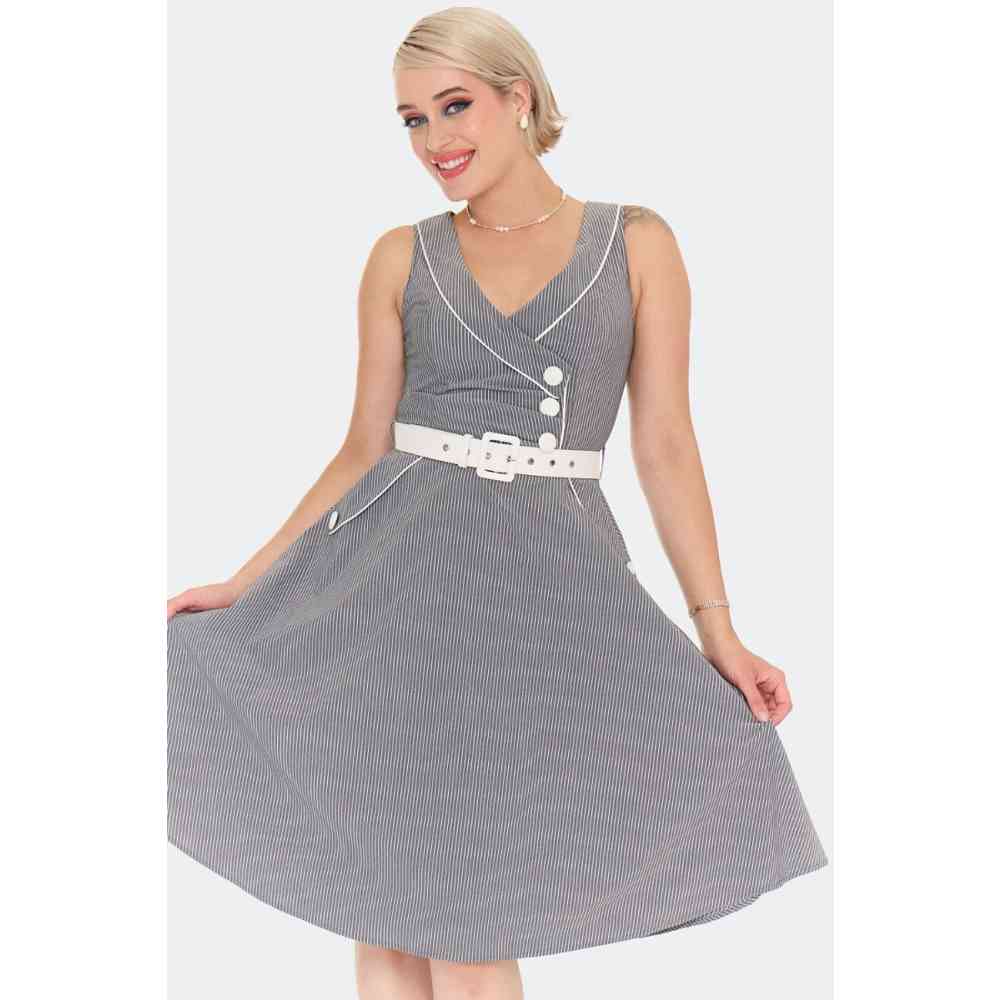 Voodoo Vixen - Vintage Pinstripe Flare jurk - Grijs